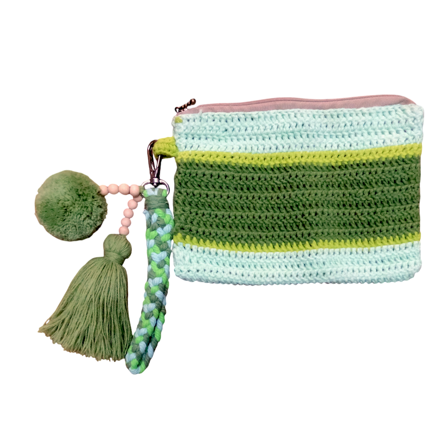 Crochet Pouch Bag with Macramé Hand Sling – Tassel & Pom-Pom Wristlet