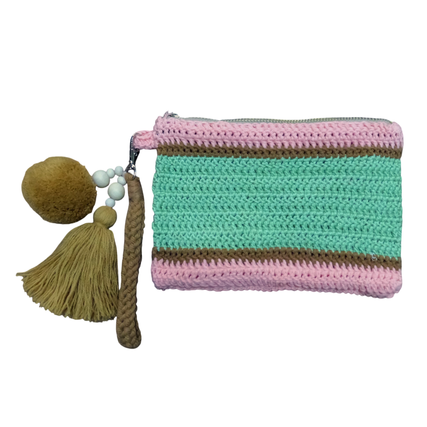 Crochet Pouch Bag with Macramé Hand Sling – Tassel & Pom-Pom Wristlet