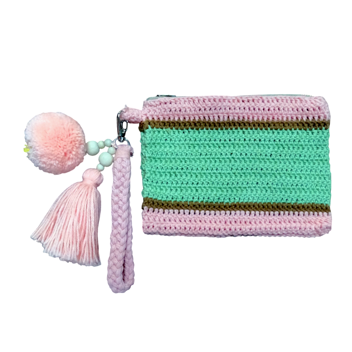 Crochet Pouch Bag with Macramé Hand Sling – Tassel & Pom-Pom Wristlet