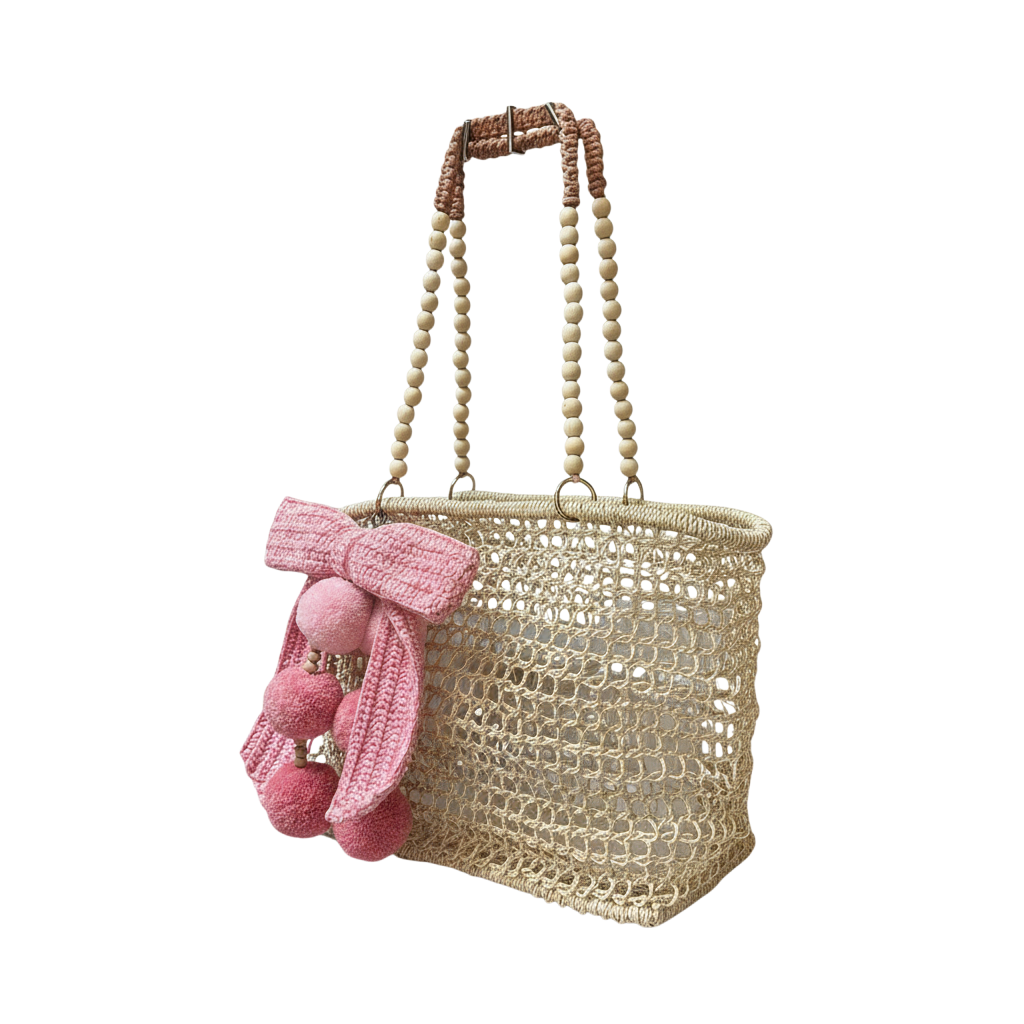 Merloquet Collapsible Abaca Tote Bag with Beaded Handle & Pom-Pom Bow Mixed Pink