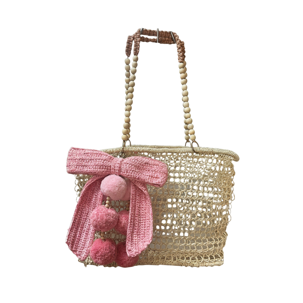 Merloquet Collapsible Abaca Tote Bag with Beaded Handle & Pom-Pom Bow Mixed Pink