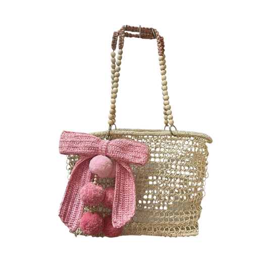 Merloquet Collapsible Abaca Tote Bag with Beaded Handle & Pom-Pom Bow Mixed Pink