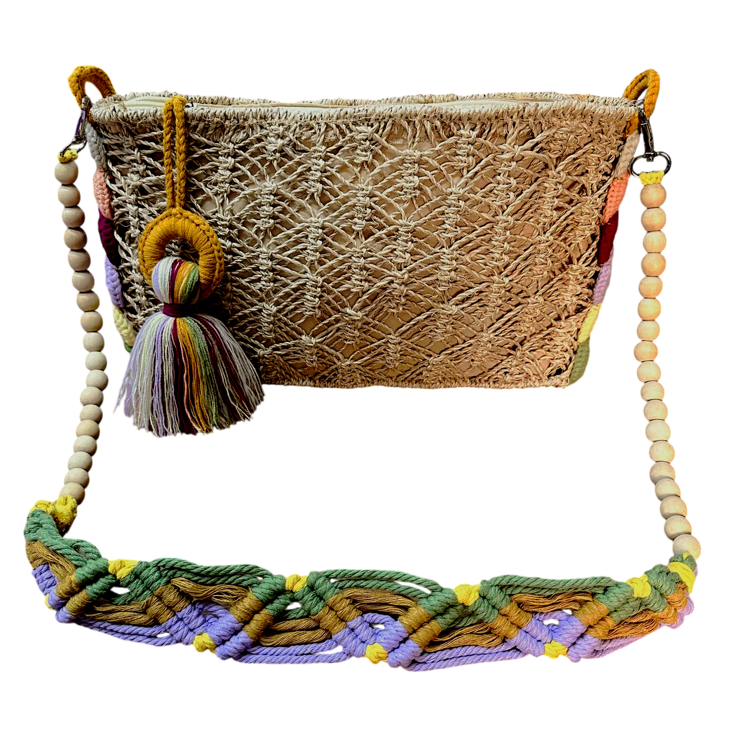 Abaca Mermaid Bag Mustard – Handmade Macramé Sling Bag with Tassel & Wooden Beads