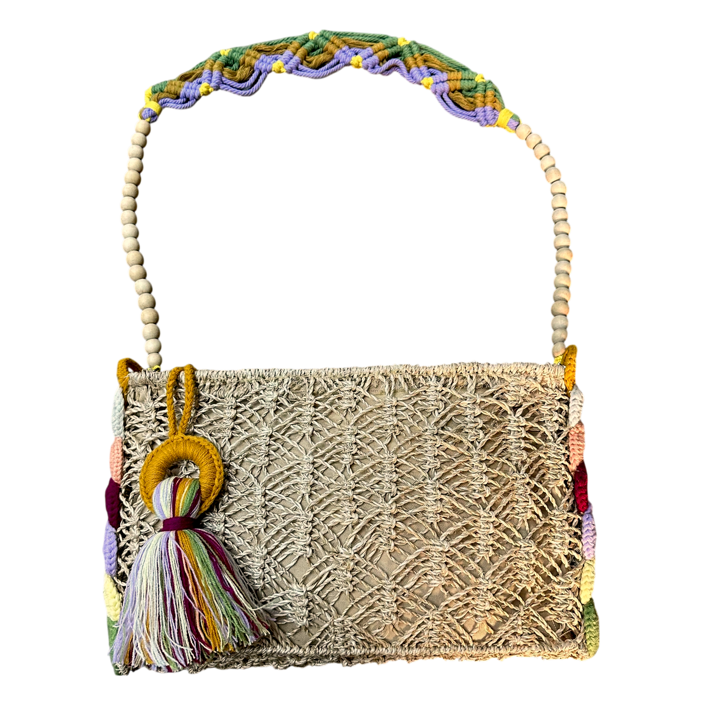 Abaca Mermaid Bag Mustard – Handmade Macramé Sling Bag with Tassel & Wooden Beads