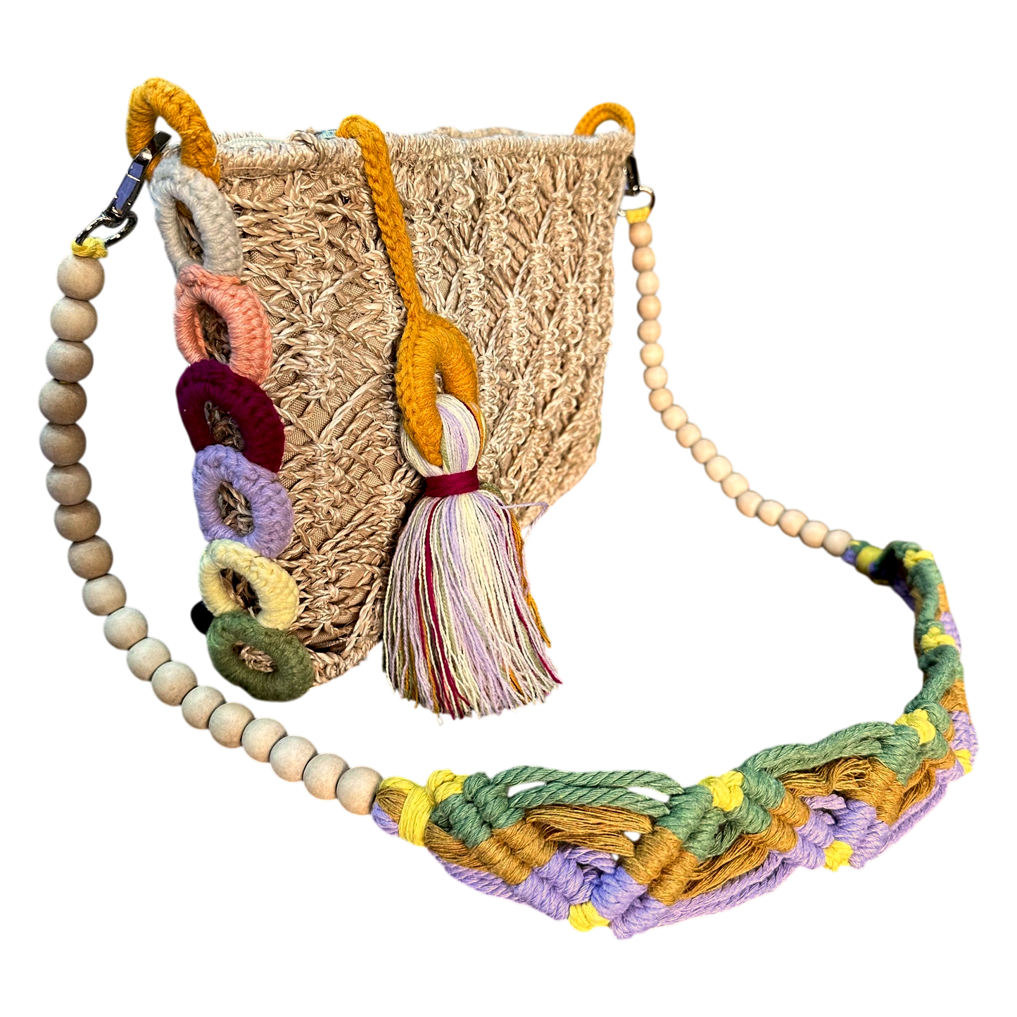 Abaca Mermaid Bag Mustard – Handmade Macramé Sling Bag with Tassel & Wooden Beads
