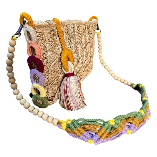 Abaca Mermaid Bag Mustard – Handmade Macramé Sling Bag with Tassel & Wooden Beads
