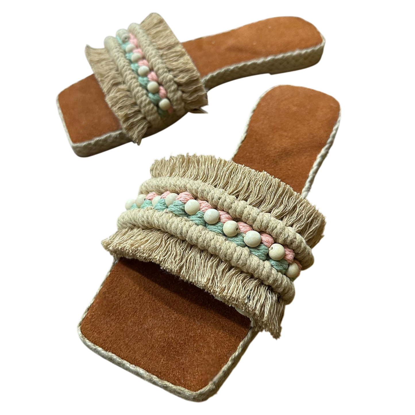 Nacpan Slides – Real Cowhide Leather with Pastel Barrel Accent & Natural Wood Beads