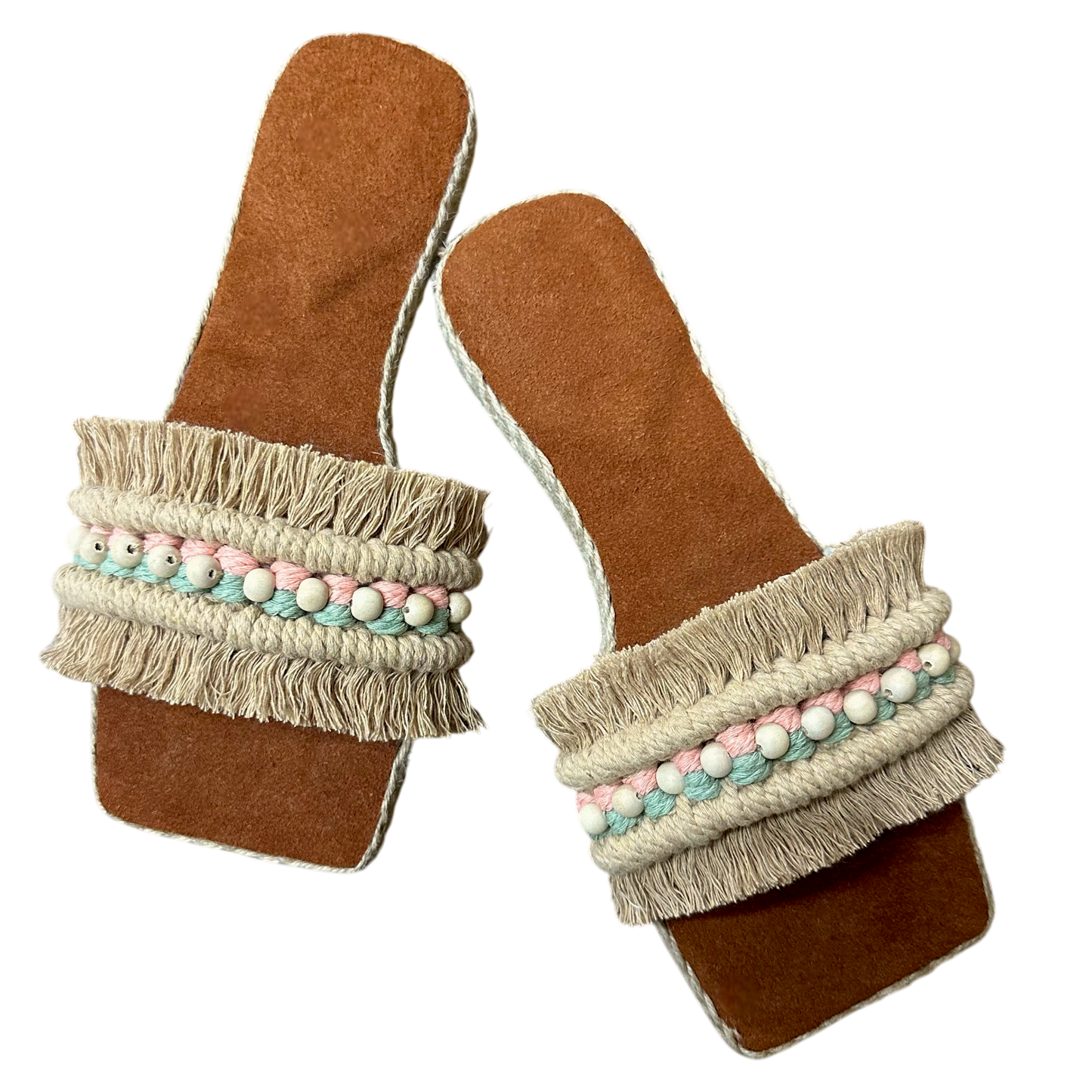 Nacpan Slides – Real Cowhide Leather with Pastel Barrel Accent & Natural Wood Beads