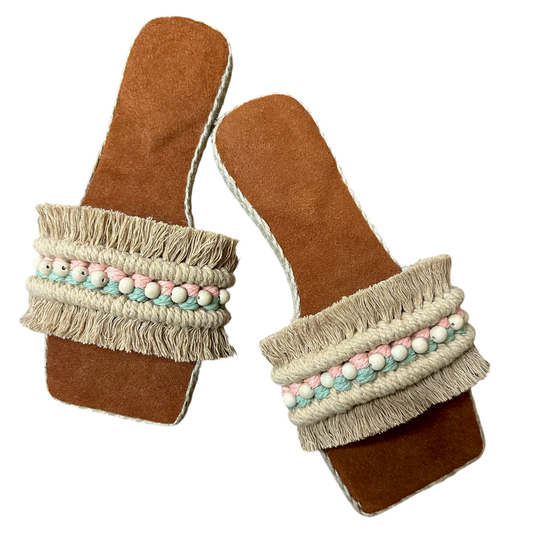 Nacpan Slides – Real Cowhide Leather with Pastel Barrel Accent & Natural Wood Beads