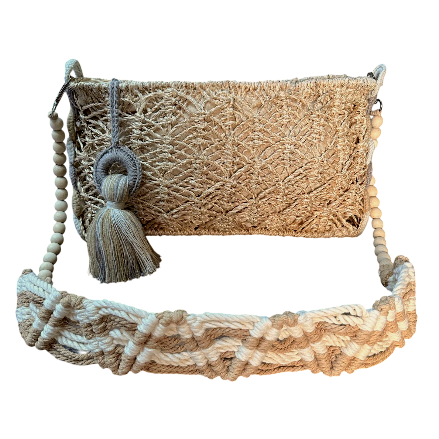 Abaca Mermaid Bag Nude– Handmade Macramé Sling Bag with Tassel & Wooden Beads