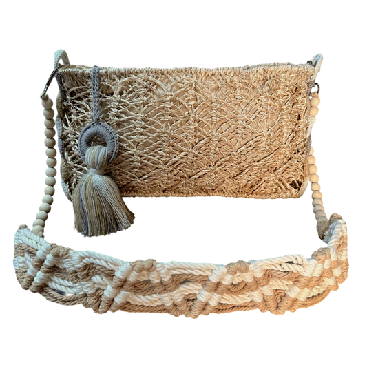 Abaca Mermaid Bag Nude– Handmade Macramé Sling Bag with Tassel & Wooden Beads