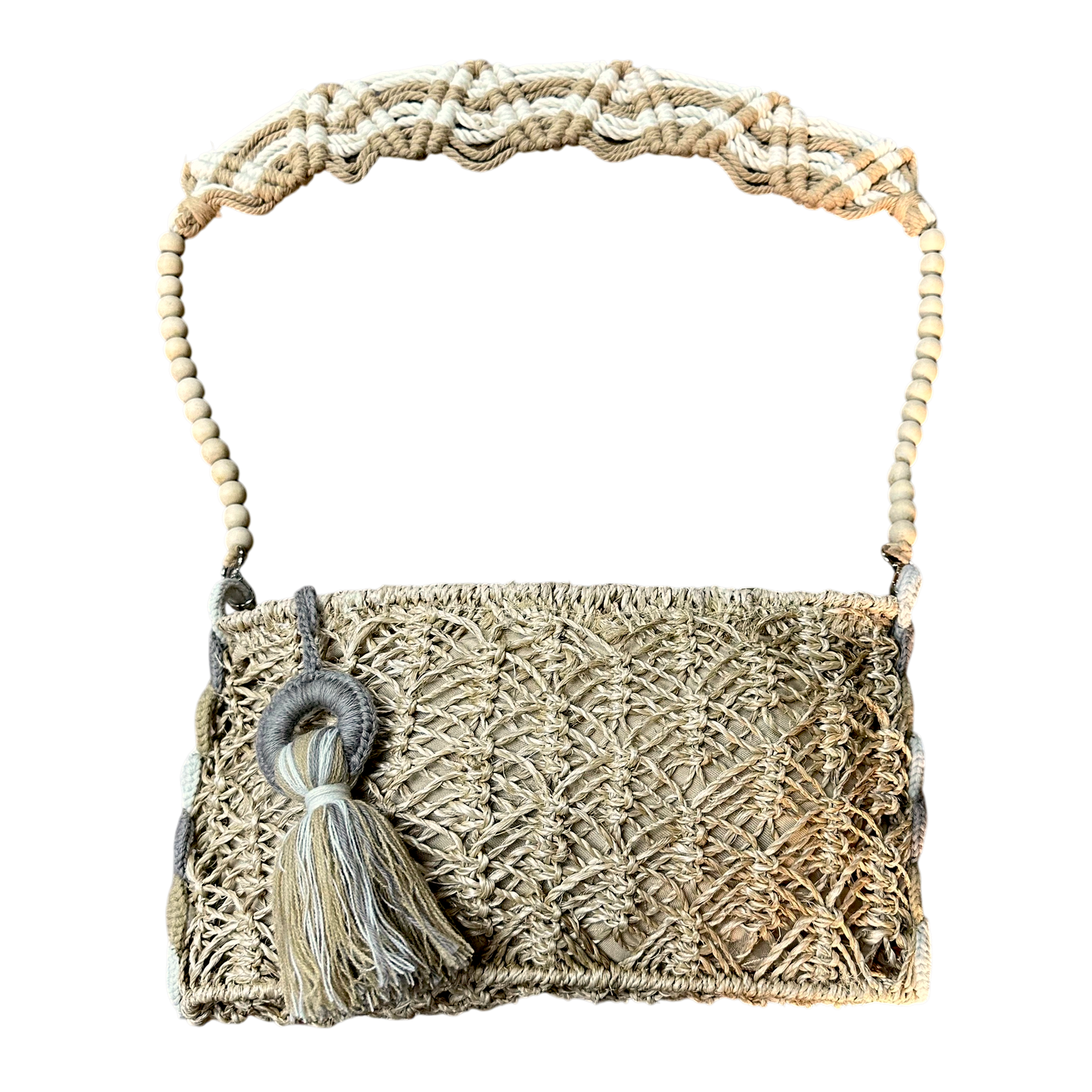 Abaca Mermaid Bag Nude– Handmade Macramé Sling Bag with Tassel & Wooden Beads