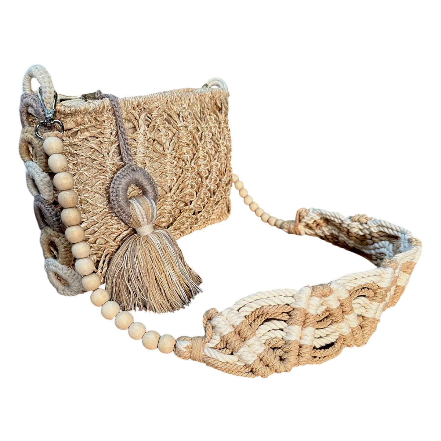Abaca Mermaid Bag Nude– Handmade Macramé Sling Bag with Tassel & Wooden Beads