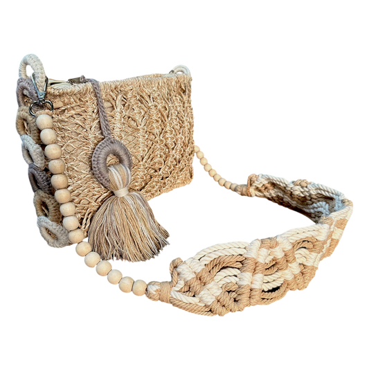Abaca Mermaid Bag Nude– Handmade Macramé Sling Bag with Tassel & Wooden Beads