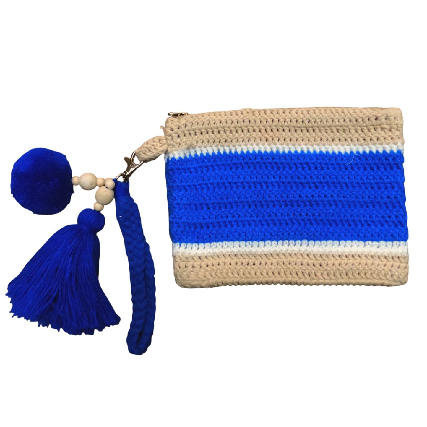Crochet Pouch Bag with Macramé Hand Sling – Tassel & Pom-Pom Wristlet