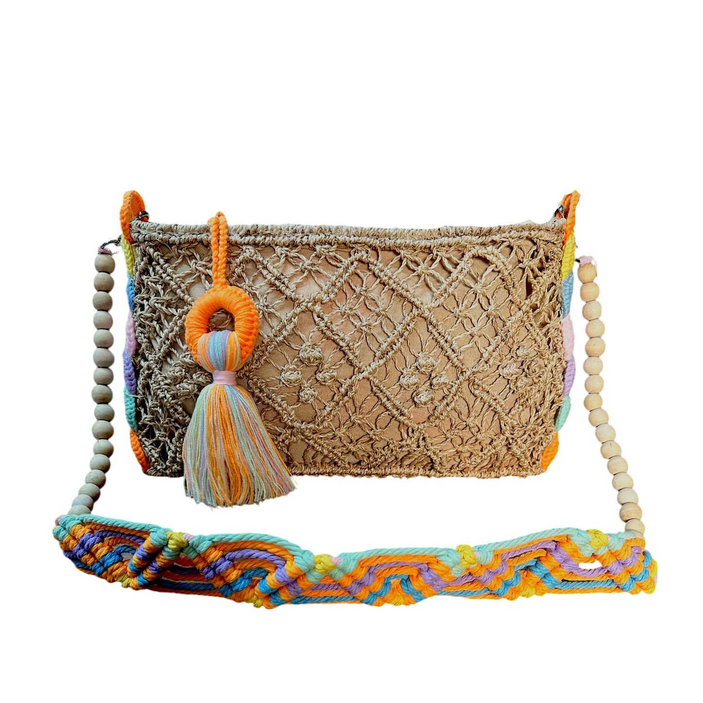 Abaca Mermaid Bag Colorful– Handmade Macramé Sling Bag with Tassel & Wooden Beads