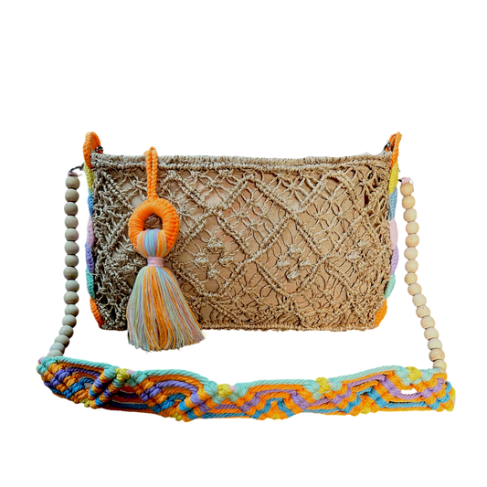 Abaca Mermaid Bag Colorful– Handmade Macramé Sling Bag with Tassel & Wooden Beads