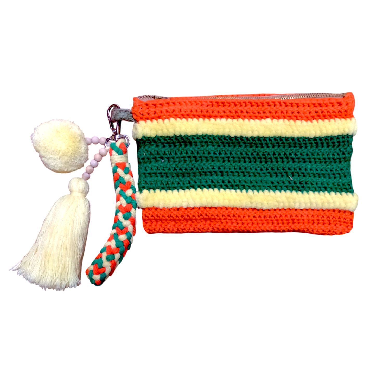 Crochet Pouch Bag with Macramé Hand Sling – Tassel & Pom-Pom Wristlet