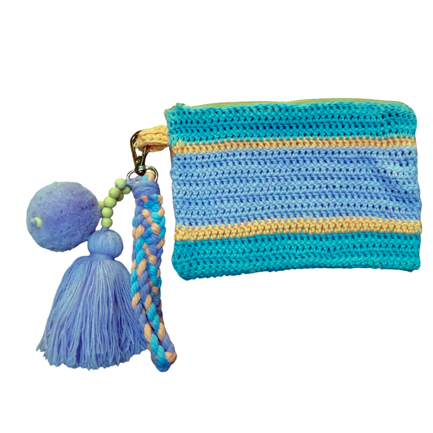 Crochet Pouch Bag with Macramé Hand Sling – Tassel & Pom-Pom Wristlet