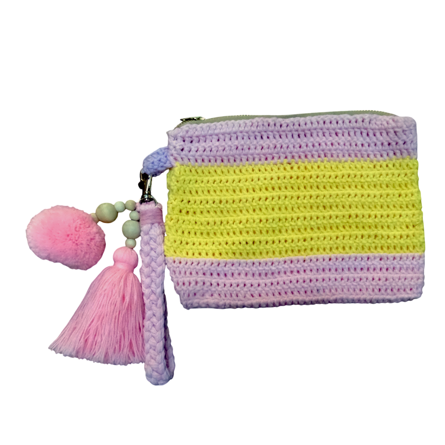 Crochet Pouch Bag with Macramé Hand Sling – Tassel & Pom-Pom Wristlet
