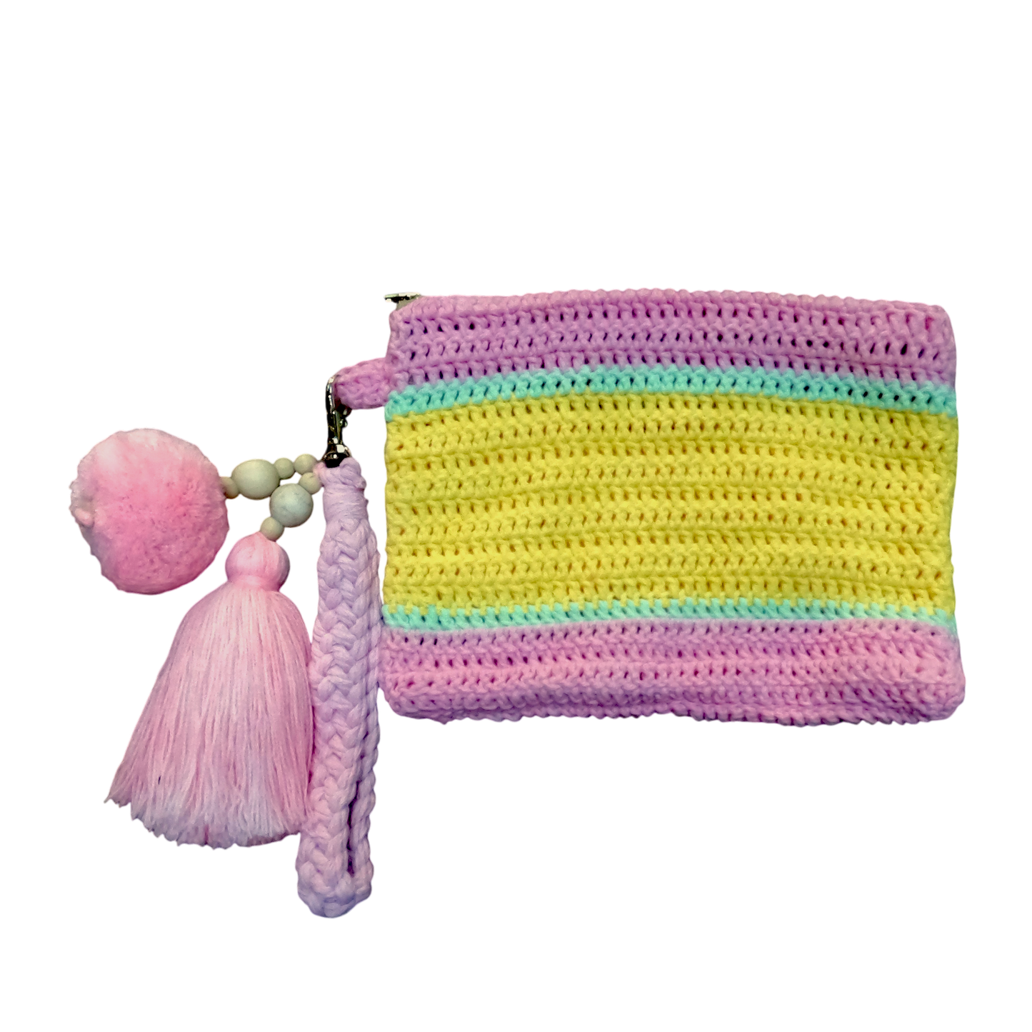 Crochet Pouch Bag with Macramé Hand Sling – Tassel & Pom-Pom Wristlet