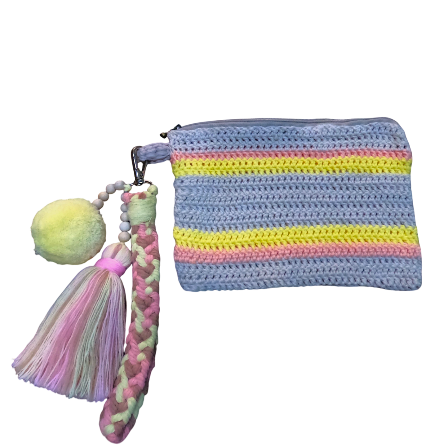 Crochet Pouch Bag with Macramé Hand Sling – Tassel & Pom-Pom Wristlet