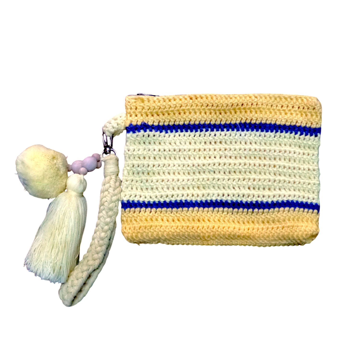 Crochet Pouch Bag with Macramé Hand Sling – Tassel & Pom-Pom Wristlet