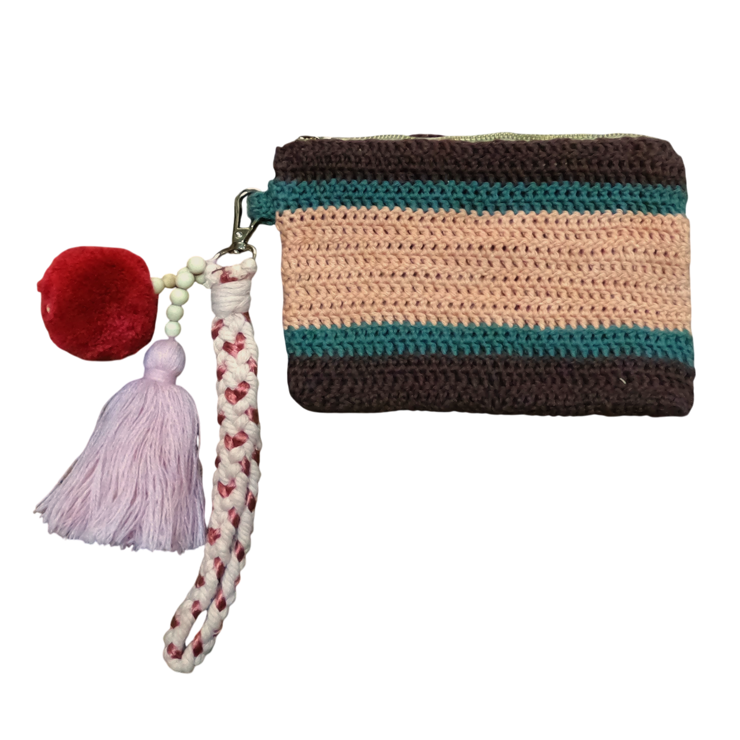 Crochet Pouch Bag with Macramé Hand Sling – Tassel & Pom-Pom Wristlet