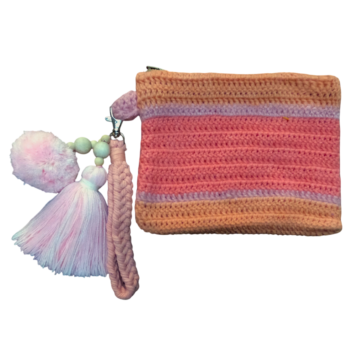 Crochet Pouch Bag with Macramé Hand Sling – Tassel & Pom-Pom Wristlet