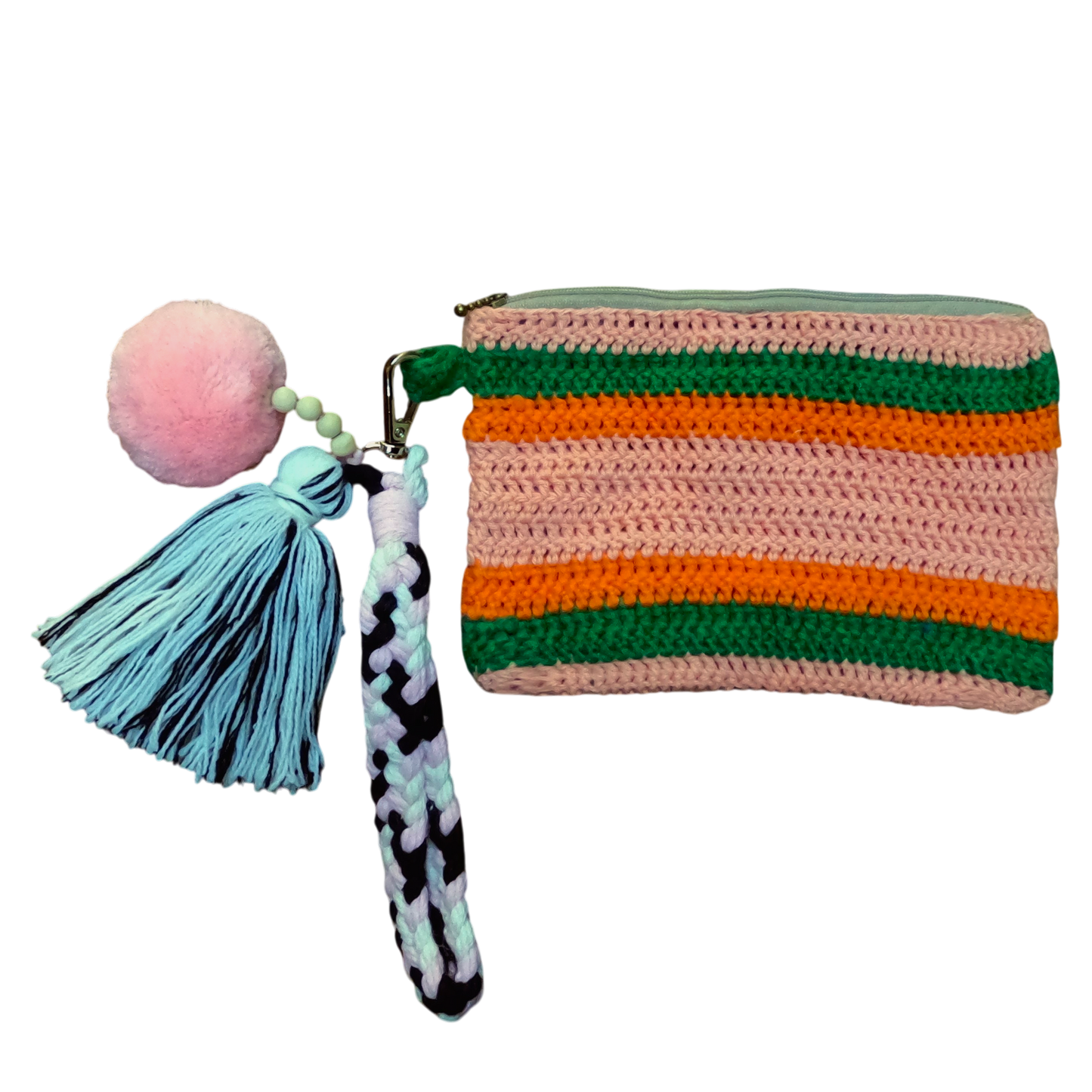 Crochet Pouch Bag with Macramé Hand Sling – Tassel & Pom-Pom Wristlet