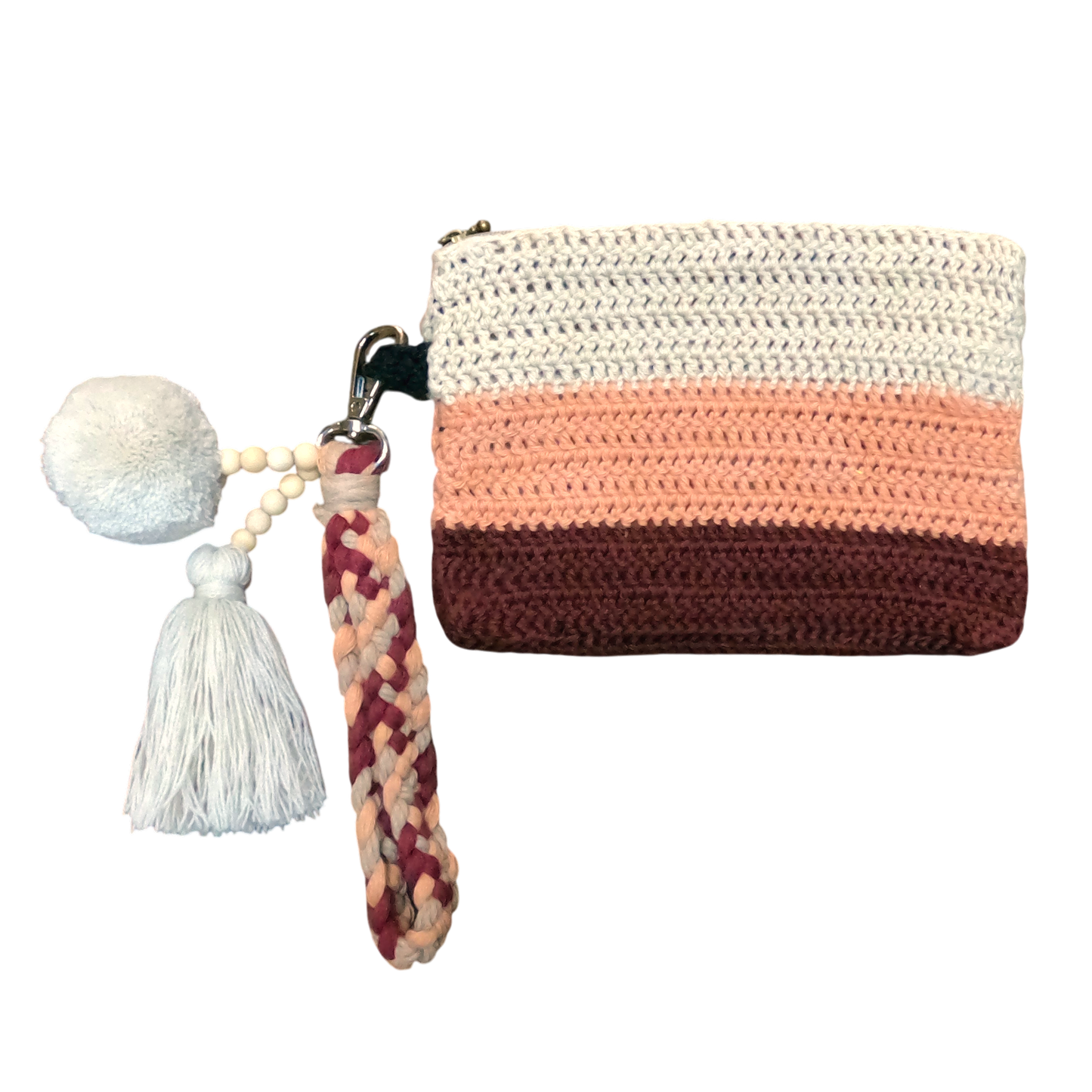 Crochet Pouch Bag with Macramé Hand Sling – Tassel & Pom-Pom Wristlet