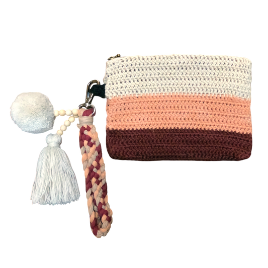 Crochet Pouch Bag with Macramé Hand Sling – Tassel & Pom-Pom Wristlet