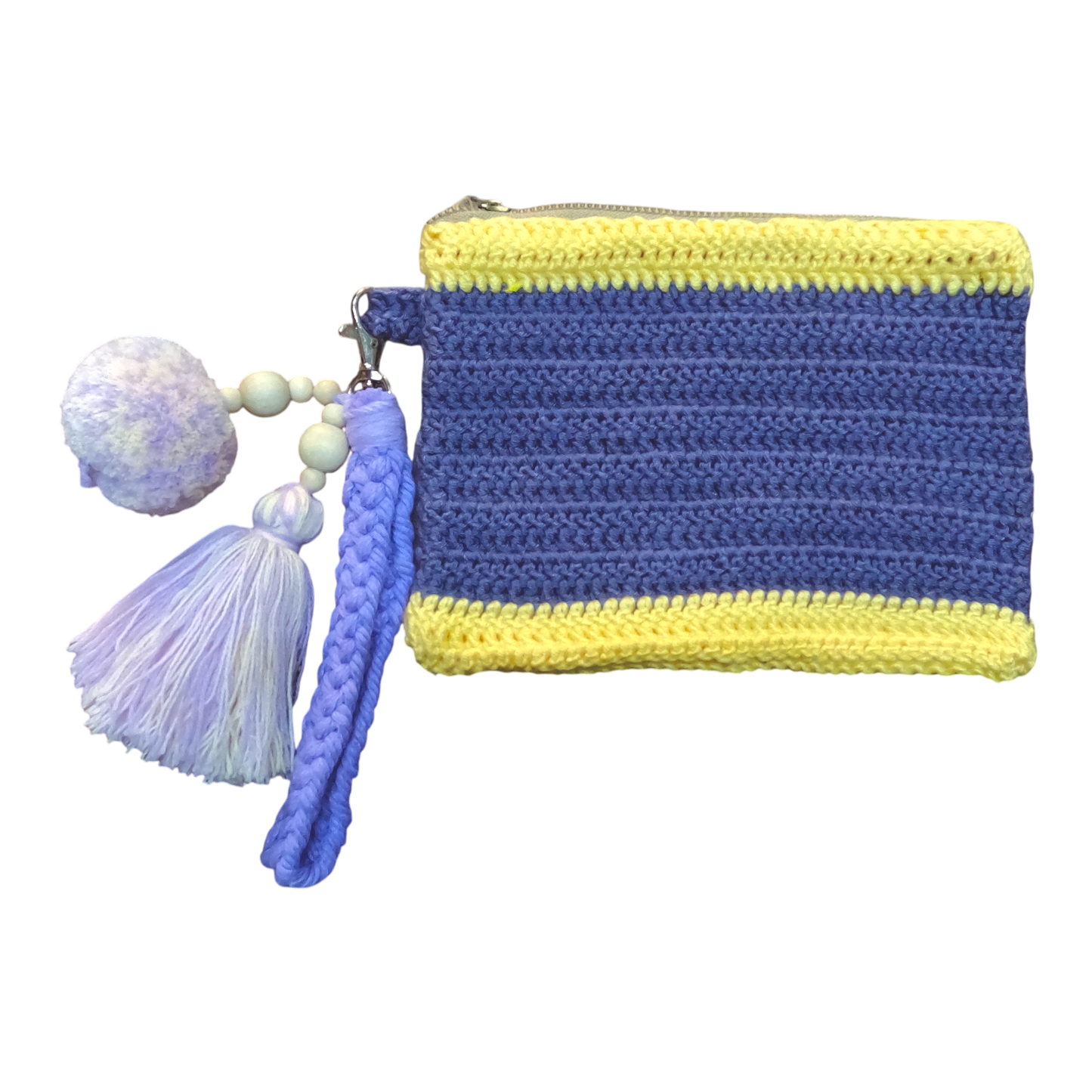 Crochet Pouch Bag with Macramé Hand Sling – Tassel & Pom-Pom Wristlet