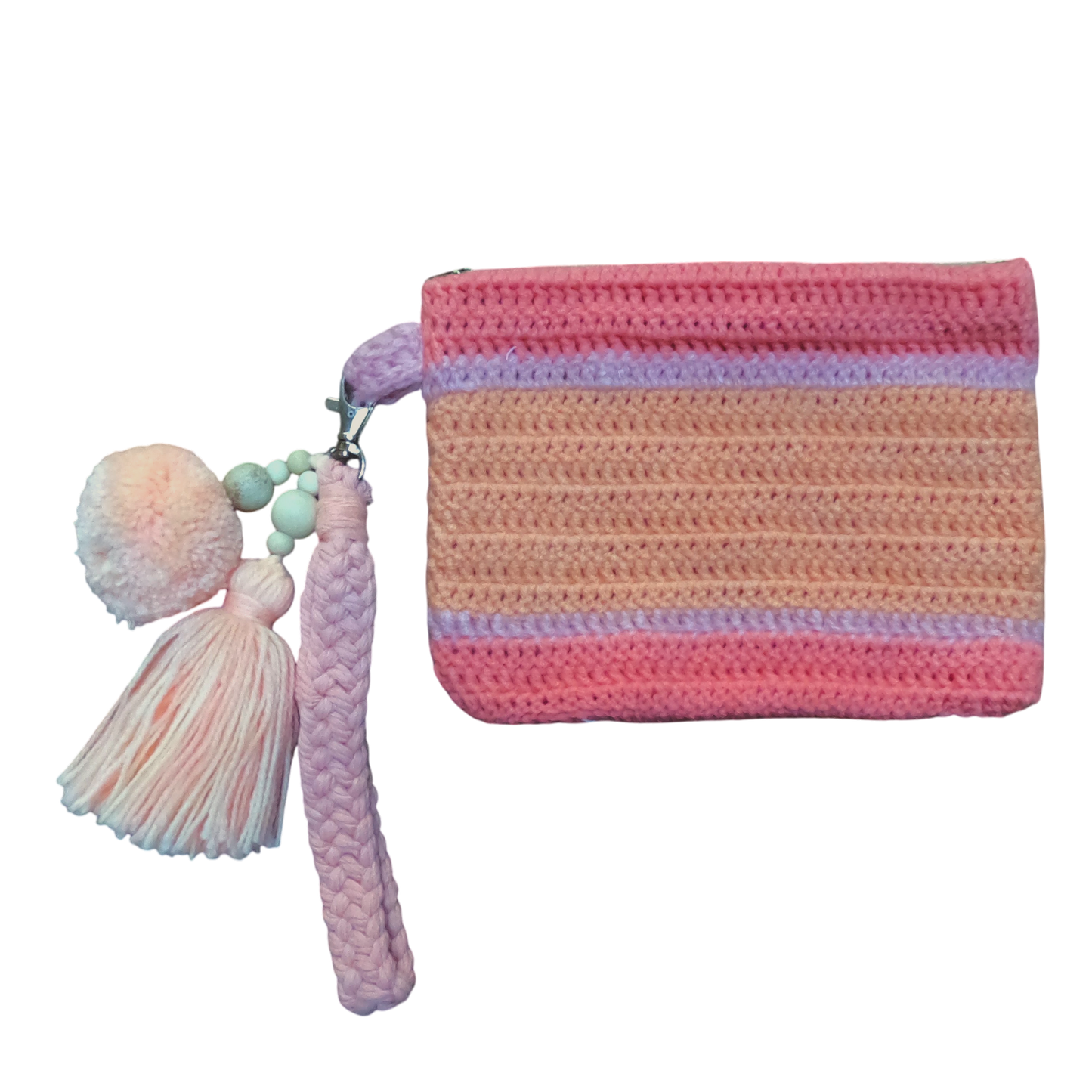 Crochet Pouch Bag with Macramé Hand Sling – Tassel & Pom-Pom Wristlet
