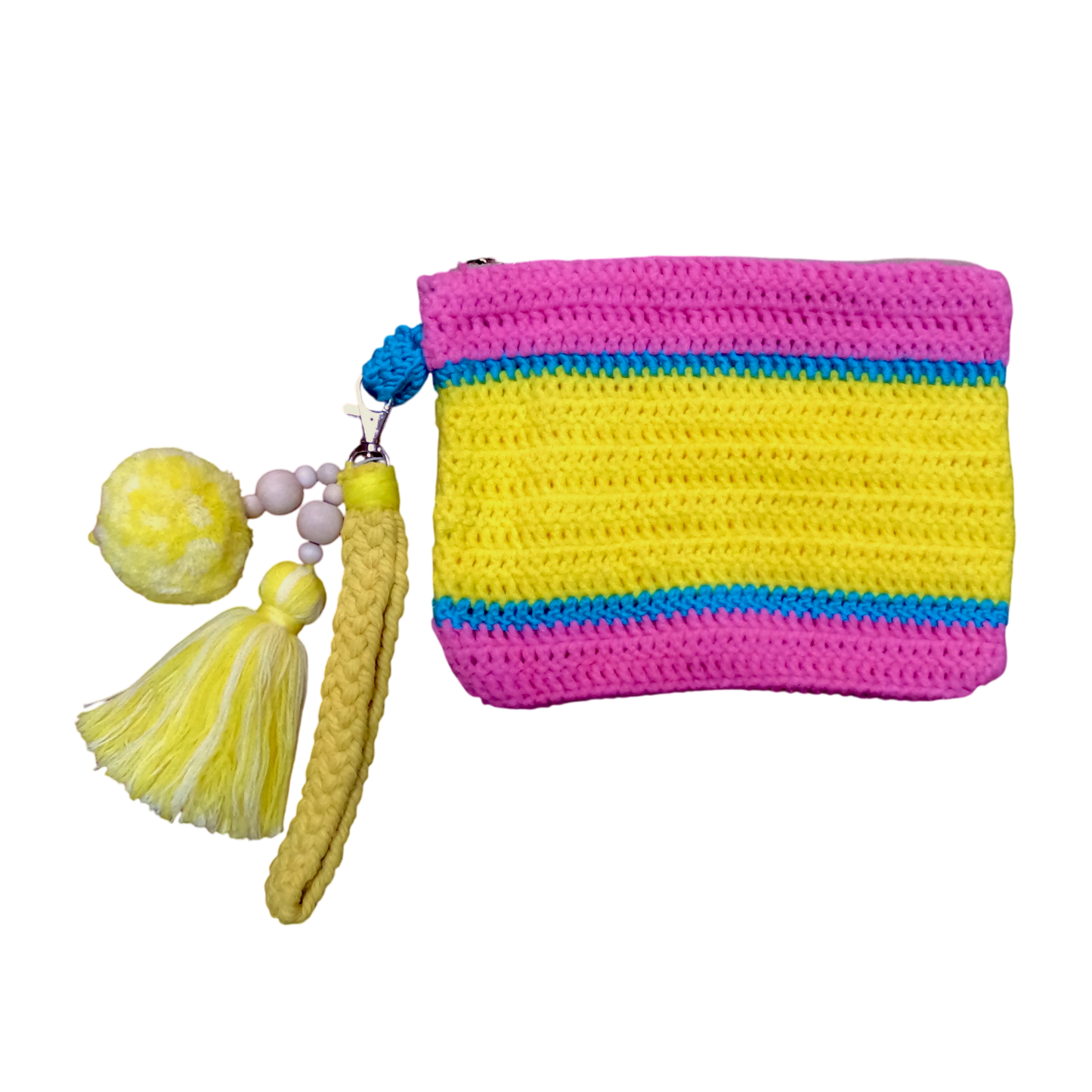 Crochet Pouch Bag with Macramé Hand Sling – Tassel & Pom-Pom Wristlet