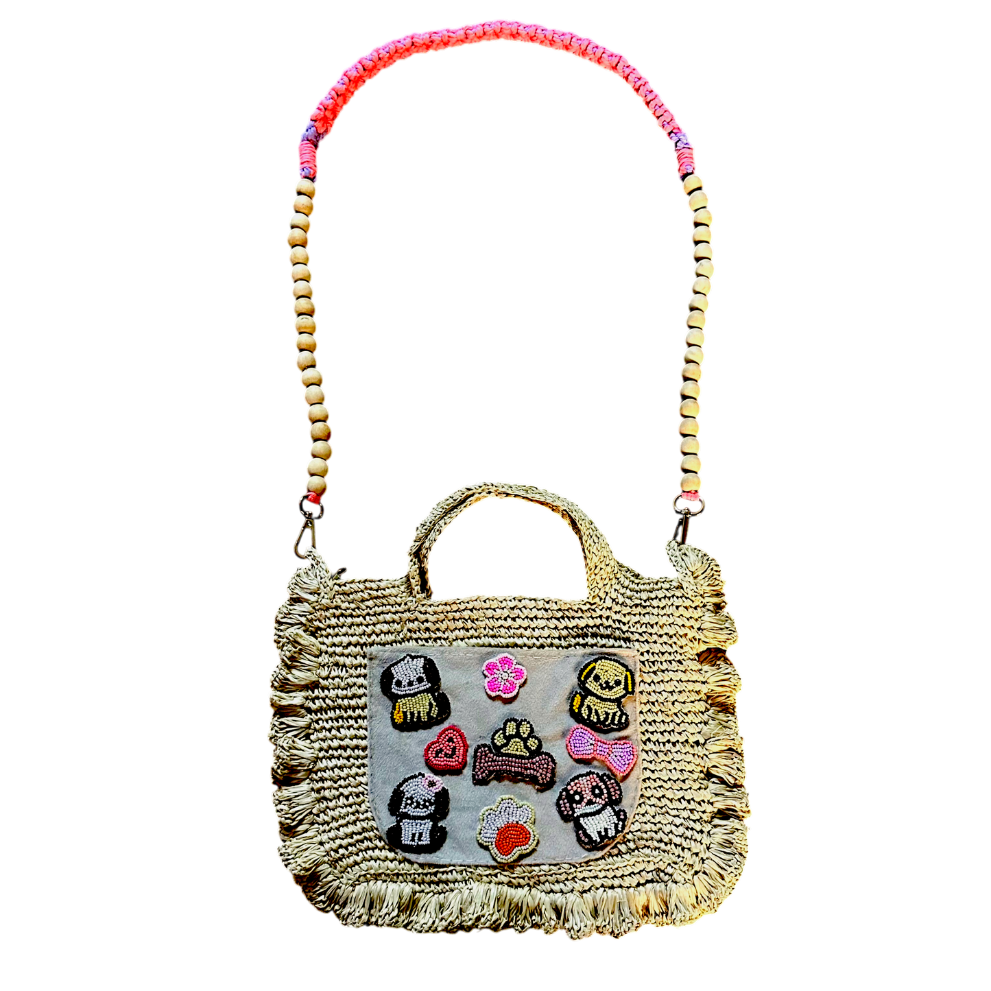 Asik-Asik Raffia Crochet Bag – Handmade Sling Bag with Embroidered Cat Patches & Wooden Beads