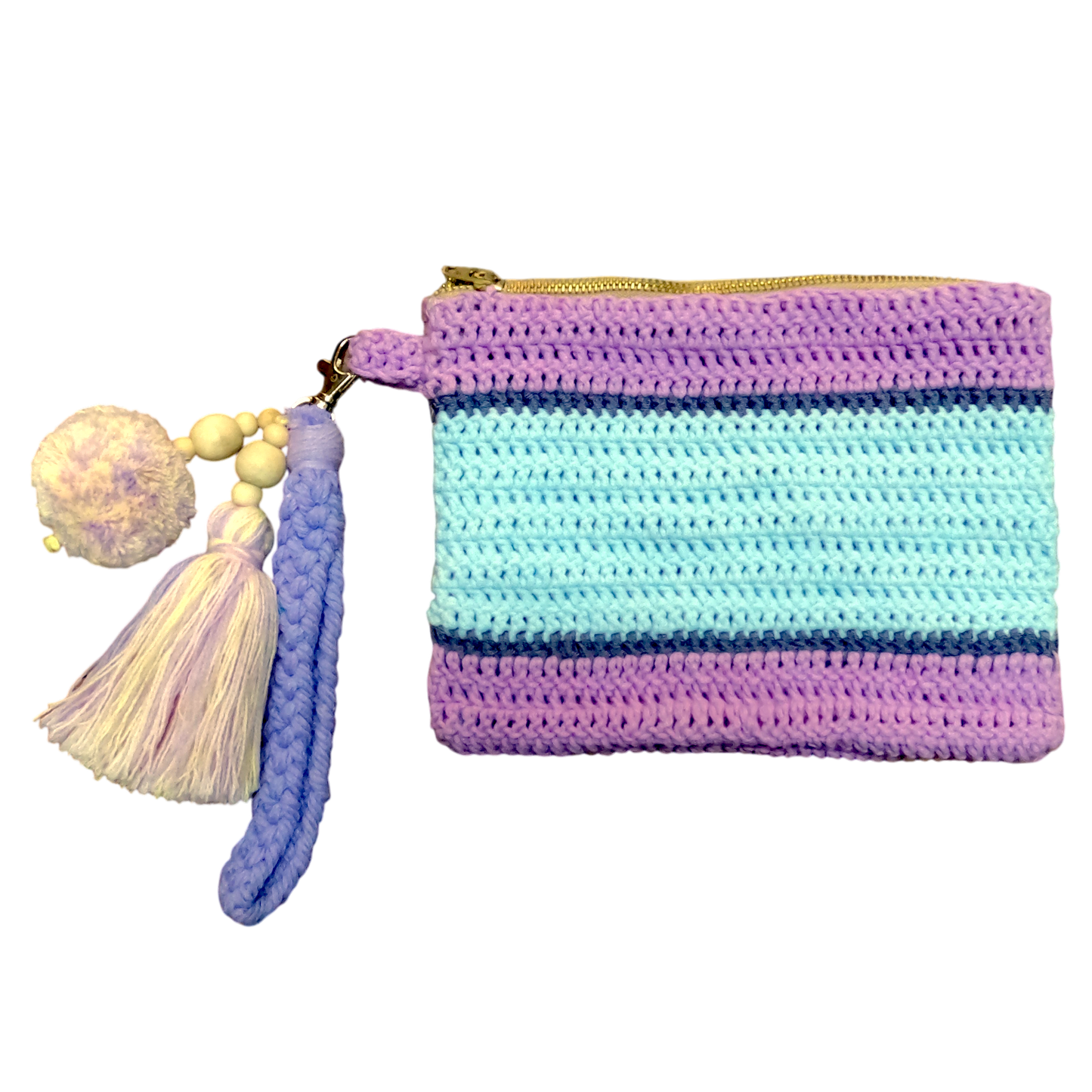 Crochet Pouch Bag with Macramé Hand Sling – Tassel & Pom-Pom Wristlet