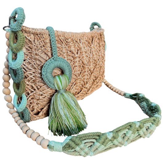 Abaca Mermaid Bag Sage– Handmade Macramé Sling Bag with Tassel & Wooden Beads