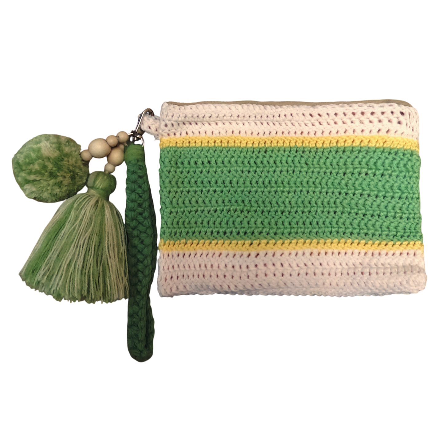 Crochet Pouch Bag with Macramé Hand Sling – Tassel & Pom-Pom Wristlet