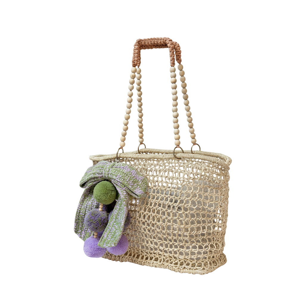 Merloquet Collapsible Abaca Tote Bag with Beaded Handle & Pom-Pom Bow Lilac & Sage
