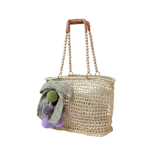 Merloquet Collapsible Abaca Tote Bag with Beaded Handle & Pom-Pom Bow Lilac & Sage