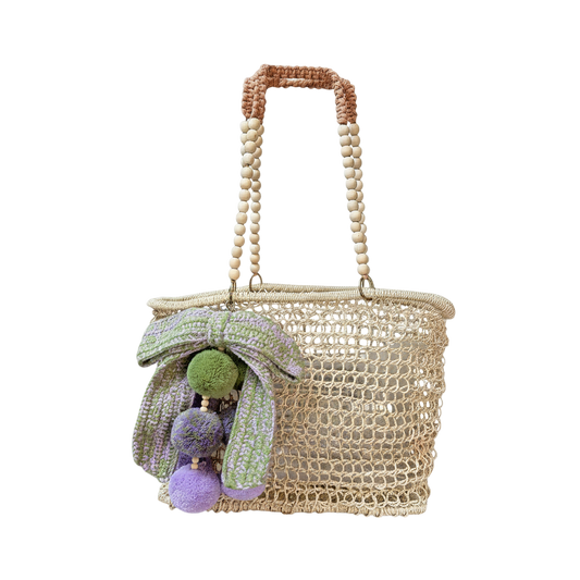 Merloquet Collapsible Abaca Tote Bag with Beaded Handle & Pom-Pom Bow Lilac & Sage