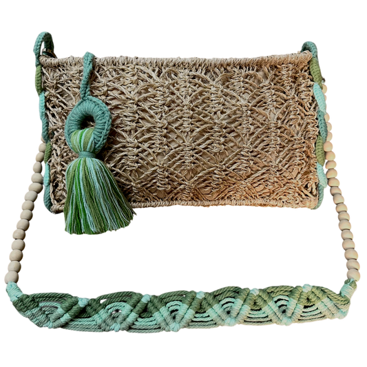 Abaca Mermaid Bag Sage– Handmade Macramé Sling Bag with Tassel & Wooden Beads