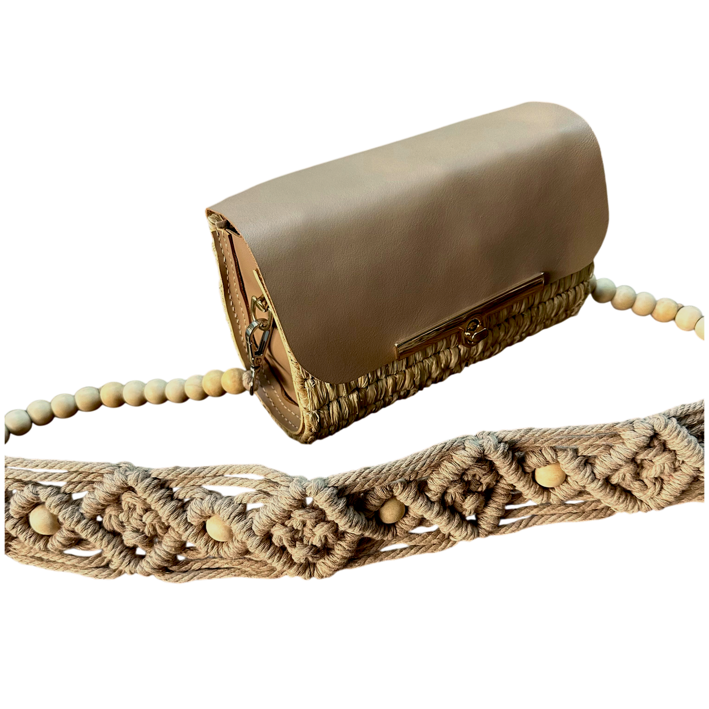 Skin Macramé Beaded Strap Bag – Handmade Raffia Crossbody with Real Leather Flap