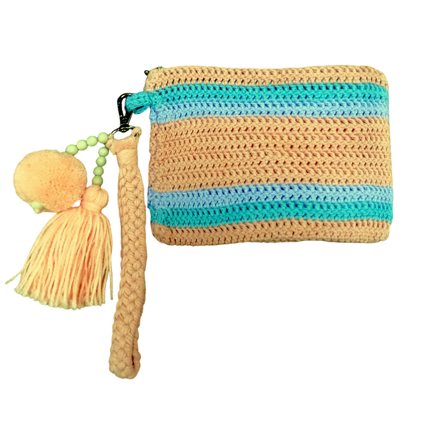 Crochet Pouch Bag with Macramé Hand Sling – Tassel & Pom-Pom Wristlet