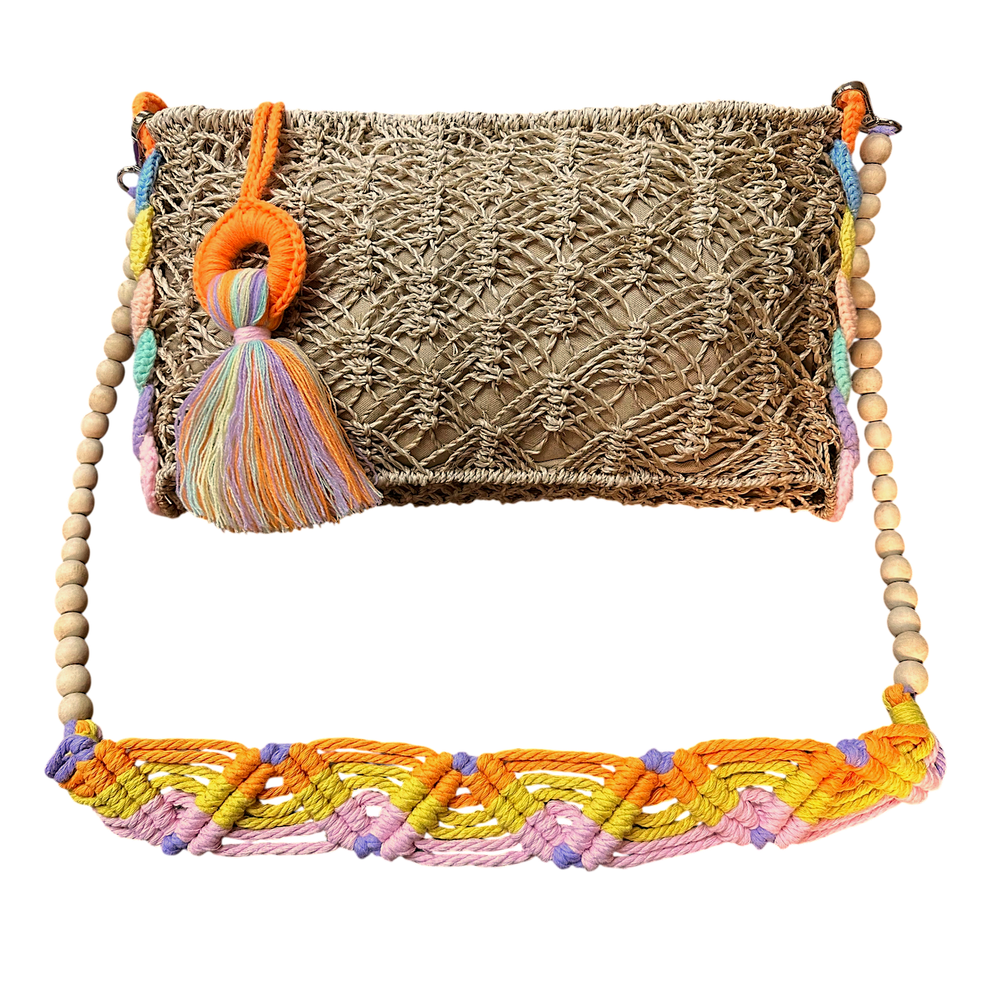 Abaca Mermaid Bag Pastel Orange – Handmade Macramé Sling Bag with Tassel & Wooden Beads