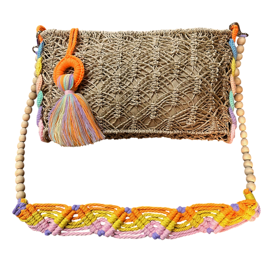 Abaca Mermaid Bag Pastel Orange – Handmade Macramé Sling Bag with Tassel & Wooden Beads