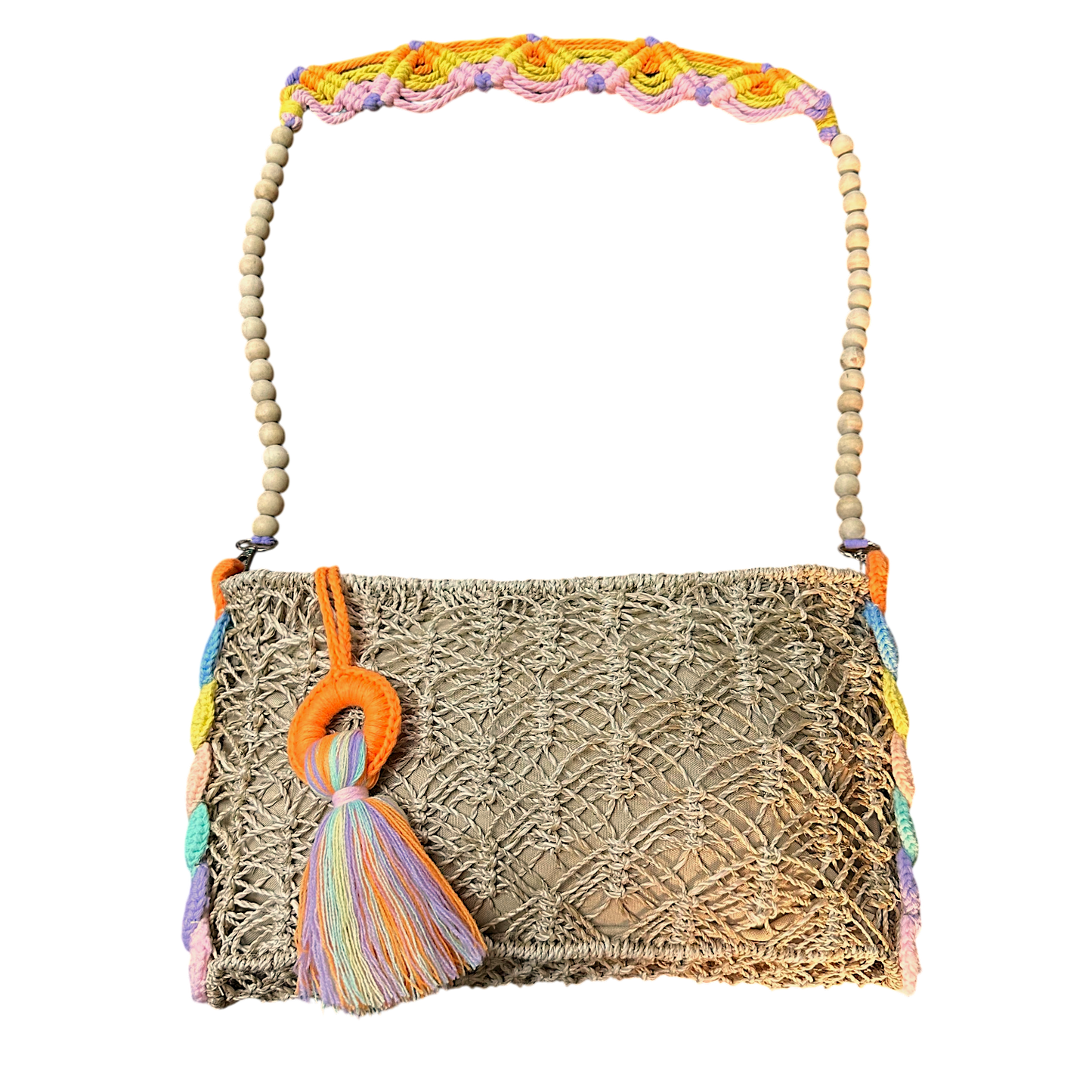 Abaca Mermaid Bag Pastel Orange – Handmade Macramé Sling Bag with Tassel & Wooden Beads
