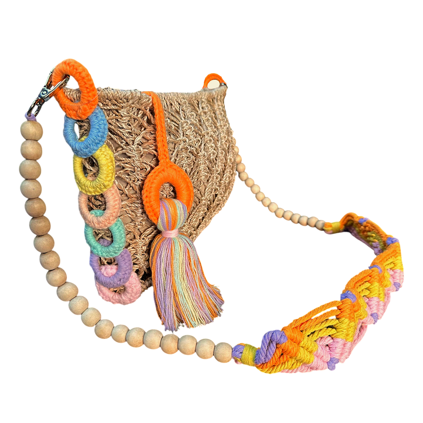 Abaca Mermaid Bag Pastel Orange – Handmade Macramé Sling Bag with Tassel & Wooden Beads