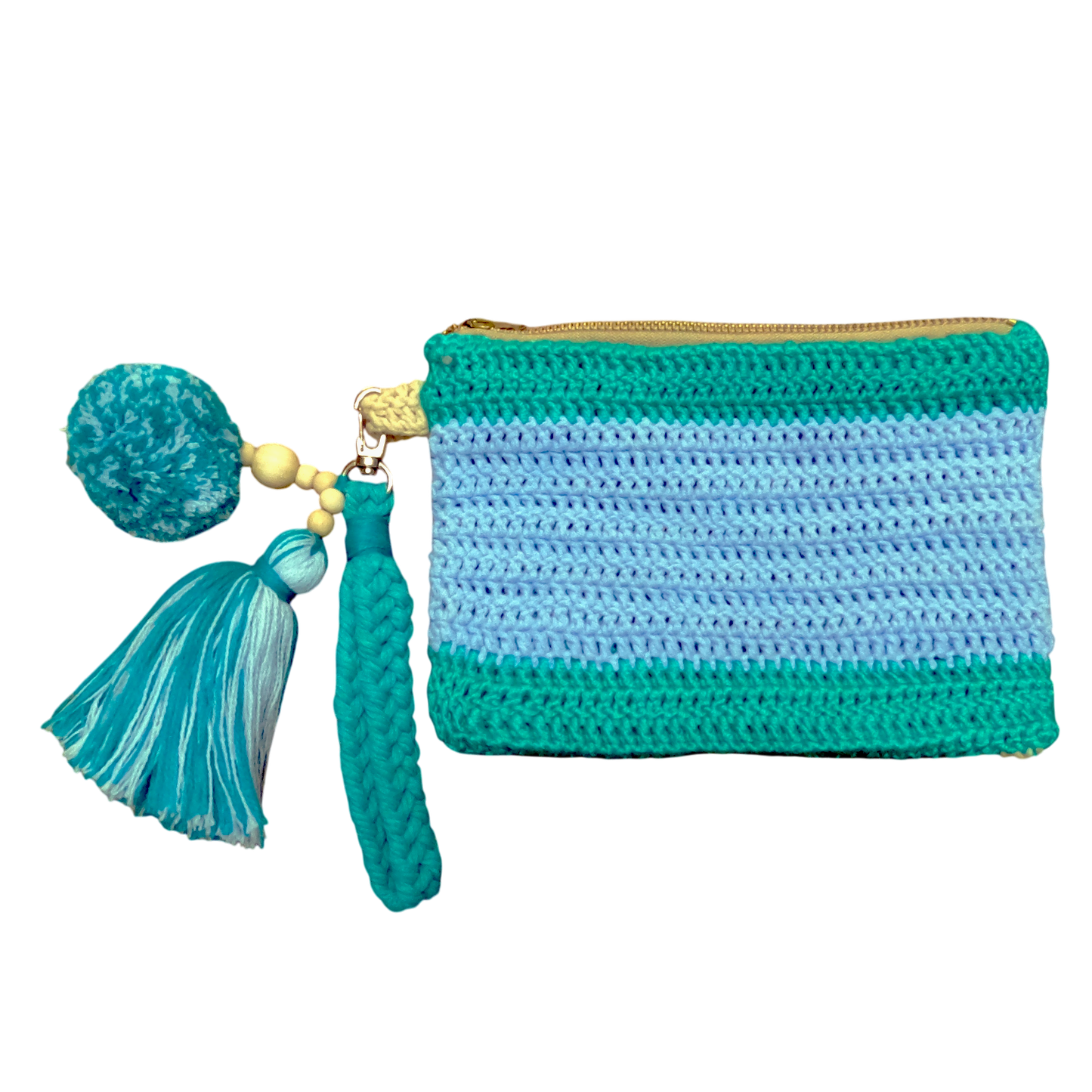 Crochet Pouch Bag with Macramé Hand Sling – Tassel & Pom-Pom Wristlet